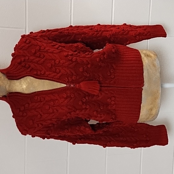 Design Options Red Cabled Wool Zip-up Mock Neck Cardigan Sweater Tassell Small - Picture 1 of 7